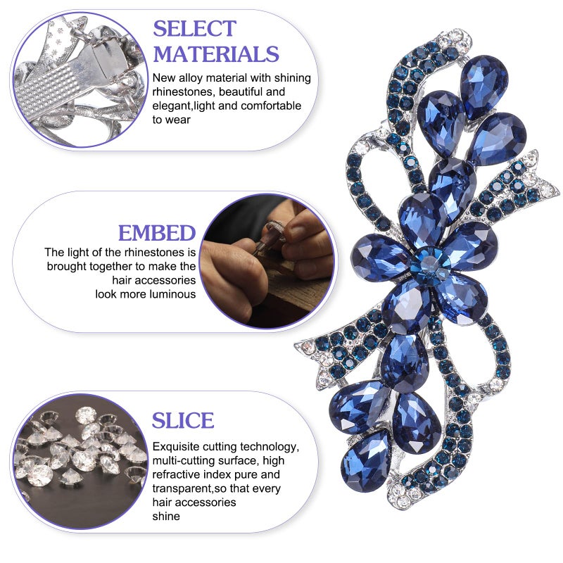 MBAIYO 2Pcs Flower Luxury Jewelry Design Hairpin, Blue Vintage Hairpin Rhinestone Floral Hair Clips Vintage Crystal Flower Hairpins Bling Hair Barrette (Blue) - Image 3